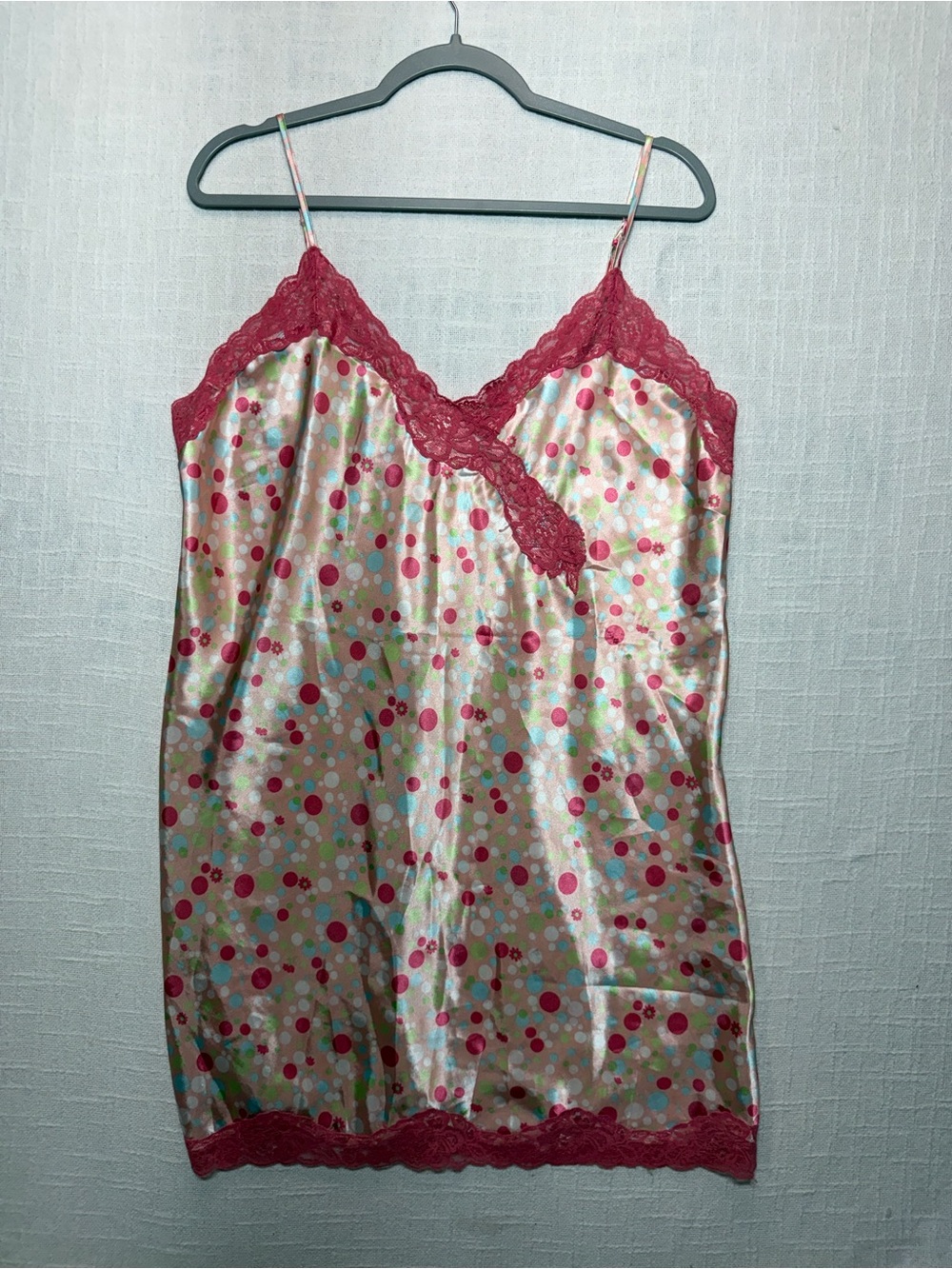 Secret treasures sleepwear Women's Polka Dot Satin Chemise with Pink Lace Trim